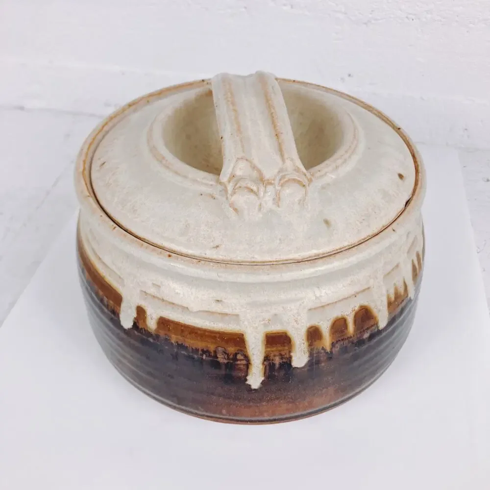 Vintage Signed Chambers Ovenware Lidded Stoneware Pot Brown Drip Glaze Pottery